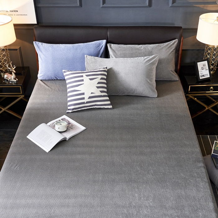 91家纺网 家纺一手货源 找家纺 小米笠 2019新款水晶绒印花床笠床罩 条纹灰