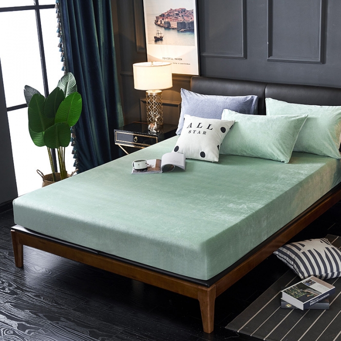 91家纺网 家纺一手货源 找家纺 小米笠 2019新款水晶绒印花床笠床罩 条纹绿