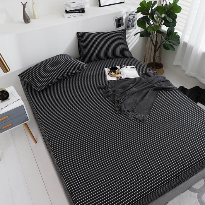 91家纺网 家纺一手货源 找家纺 小米笠 2019新款针织天竺棉床笠床罩 黑白细条