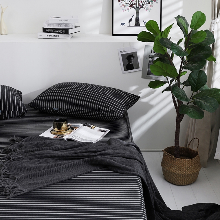 91家纺网 家纺一手货源 找家纺 小米笠 2019新款针织天竺棉床笠床罩 黑白细条