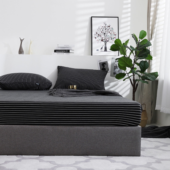 91家纺网 家纺一手货源 找家纺 小米笠 2019新款针织天竺棉床笠床罩 黑白细条