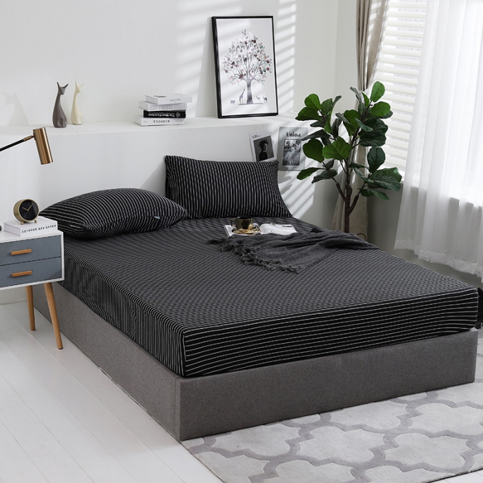 91家纺网 家纺一手货源 找家纺 小米笠 2019新款针织天竺棉床笠床罩 黑白细条