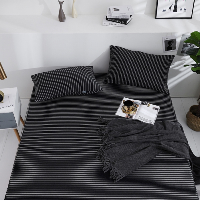 91家纺网 家纺一手货源 找家纺 小米笠 2019新款针织天竺棉床笠床罩 黑白细条