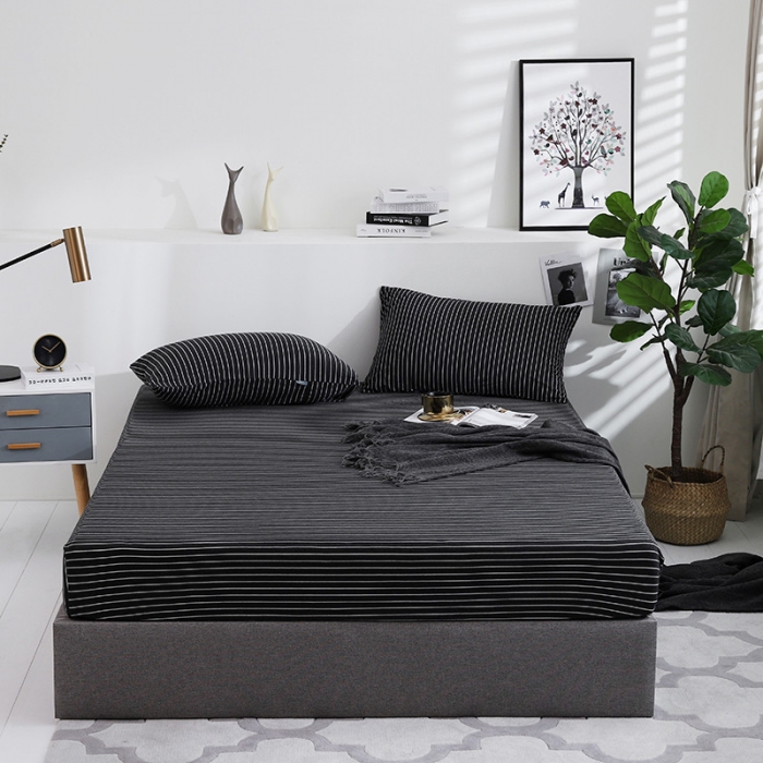 91家纺网 家纺一手货源 找家纺 小米笠 2019新款针织天竺棉床笠床罩 黑白细条