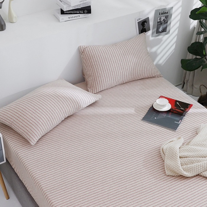 91家纺网 家纺一手货源 找家纺 小米笠 2019新款针织天竺棉床笠床罩 棕红细条