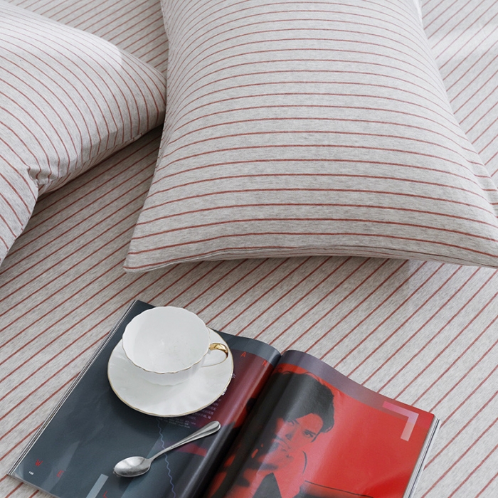 91家纺网 家纺一手货源 找家纺 小米笠 2019新款针织天竺棉床笠床罩 棕红细条