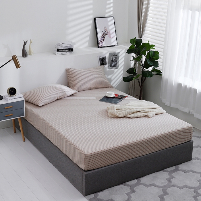 91家纺网 家纺一手货源 找家纺 小米笠 2019新款针织天竺棉床笠床罩 棕红细条