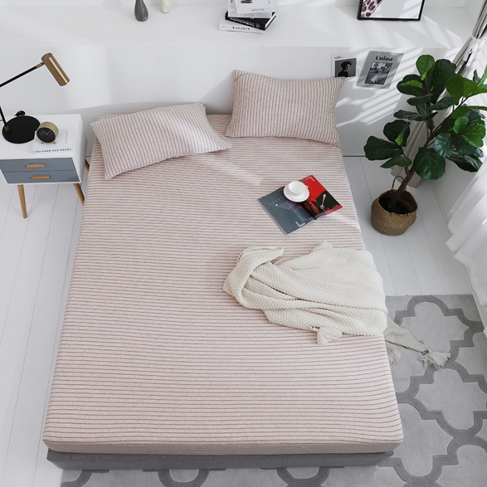 91家纺网 家纺一手货源 找家纺 小米笠 2019新款针织天竺棉床笠床罩 棕红细条