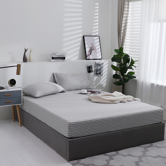 91家纺网 家纺一手货源 找家纺 小米笠 2019新款针织天竺棉床笠床罩 黑灰细条