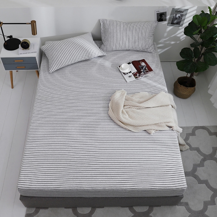 91家纺网 家纺一手货源 找家纺 小米笠 2019新款针织天竺棉床笠床罩 黑灰细条