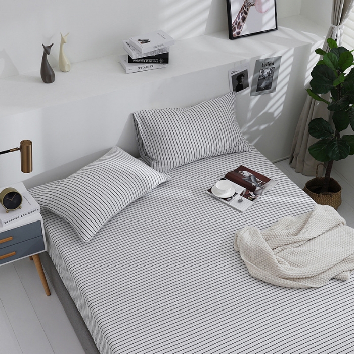 91家纺网 家纺一手货源 找家纺 小米笠 2019新款针织天竺棉床笠床罩 黑灰细条