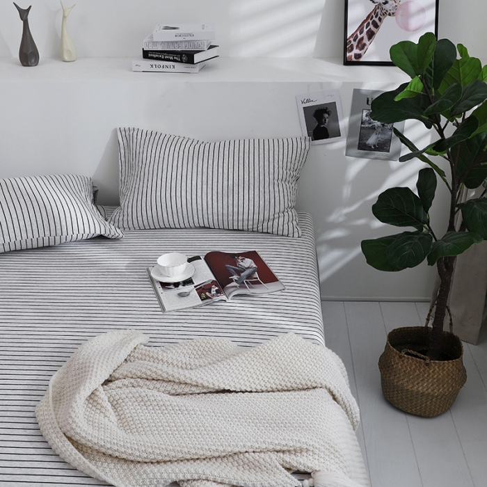 91家纺网 家纺一手货源 找家纺 小米笠 2019新款针织天竺棉床笠床罩 黑灰细条