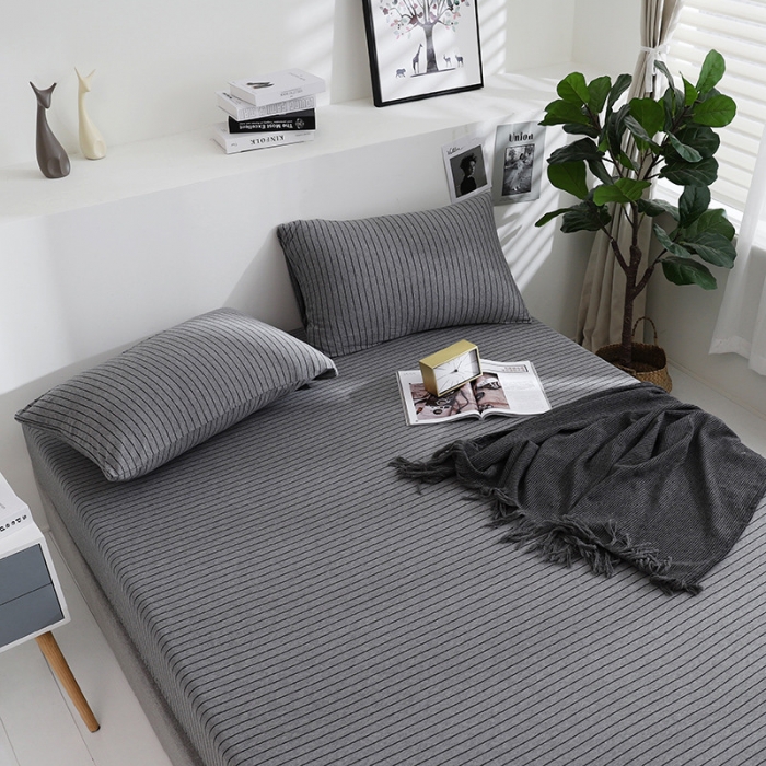 91家纺网 家纺一手货源 找家纺 小米笠 2019新款针织天竺棉床笠床罩 雅灰细条