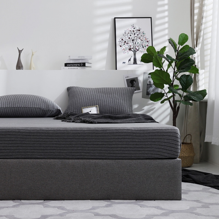 91家纺网 家纺一手货源 找家纺 小米笠 2019新款针织天竺棉床笠床罩 雅灰细条