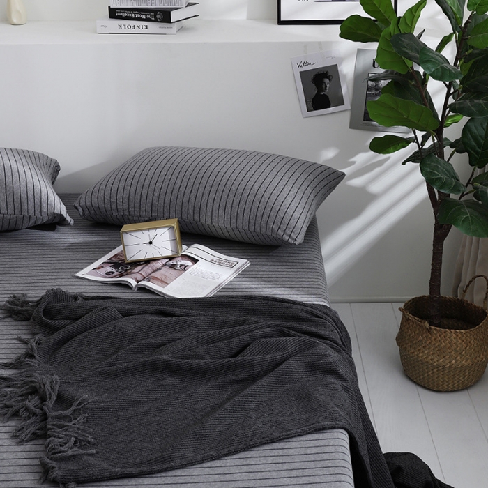 91家纺网 家纺一手货源 找家纺 小米笠 2019新款针织天竺棉床笠床罩 雅灰细条