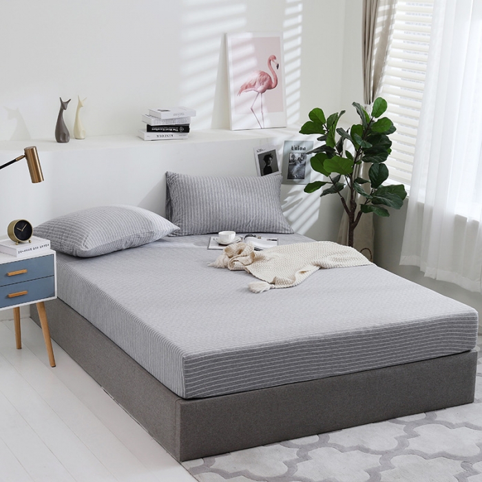 91家纺网 家纺一手货源 找家纺 小米笠 2019新款针织天竺棉床笠床罩 灰白细条