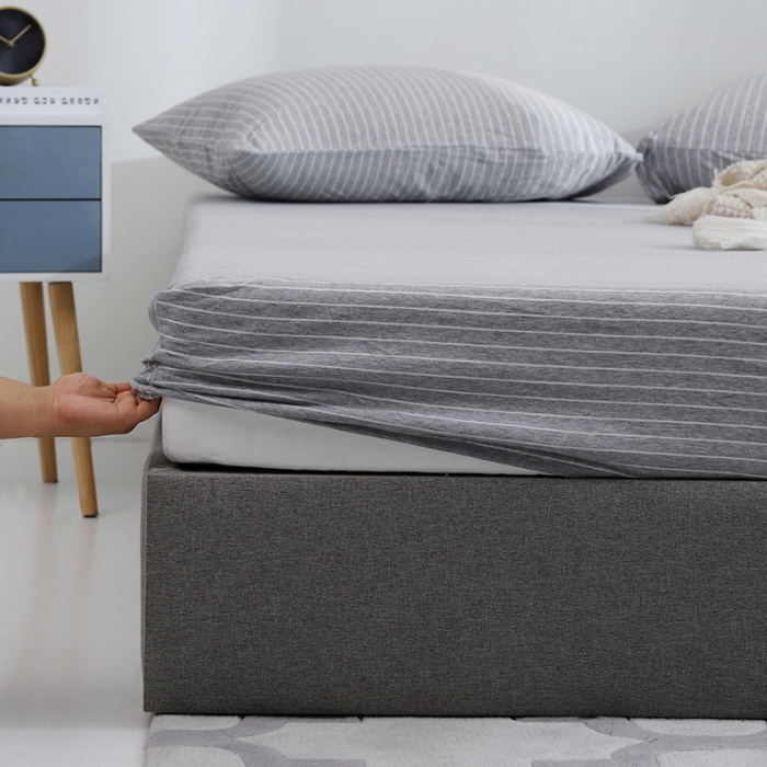 91家纺网 家纺一手货源 找家纺 小米笠 2019新款针织天竺棉床笠床罩 灰白细条