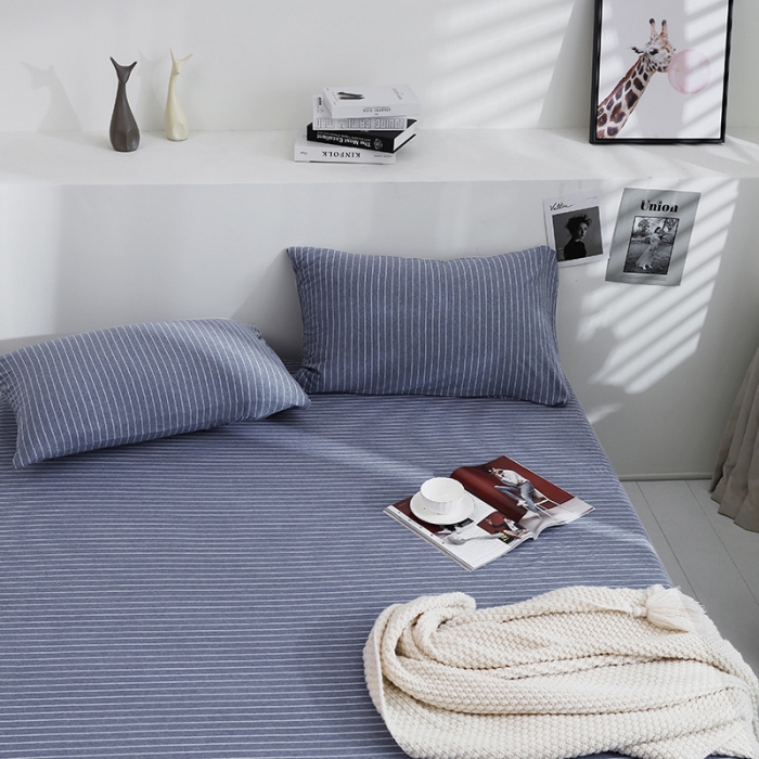 91家纺网 家纺一手货源 找家纺 小米笠 2019新款针织天竺棉床笠床罩 牛仔兰细条