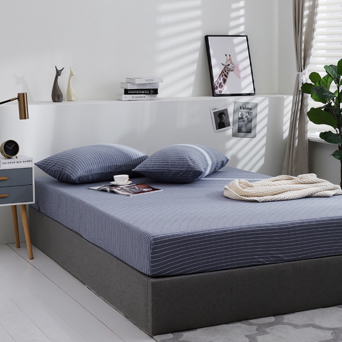 91家纺网 家纺一手货源 找家纺 小米笠 2019新款针织天竺棉床笠床罩 牛仔兰细条