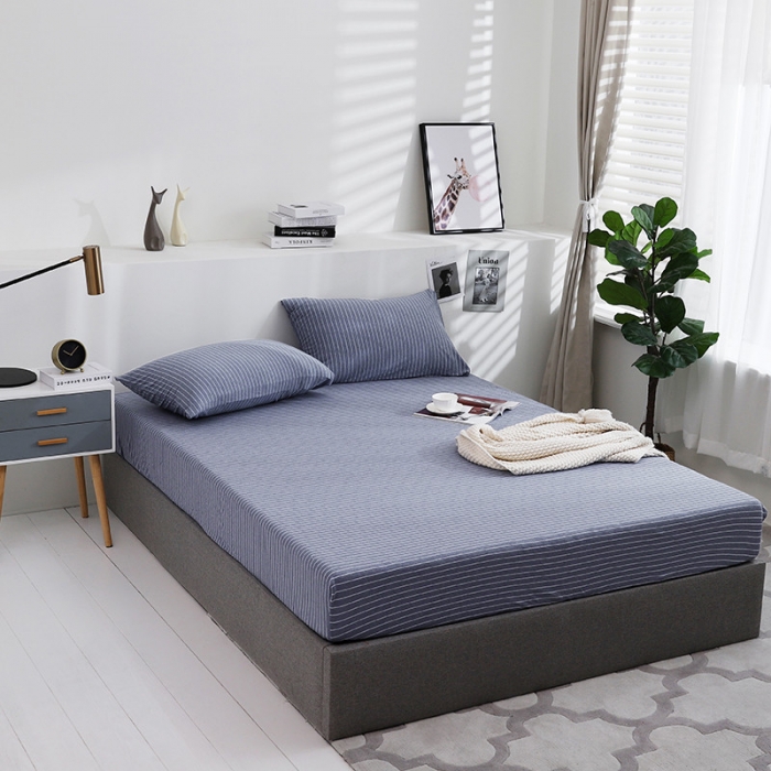 91家纺网 家纺一手货源 找家纺 小米笠 2019新款针织天竺棉床笠床罩 牛仔兰细条