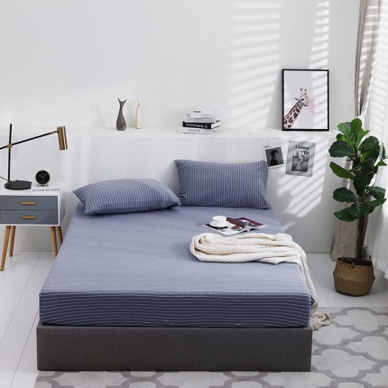 小米笠 2019新款针织天竺棉床笠床罩 牛仔兰细条