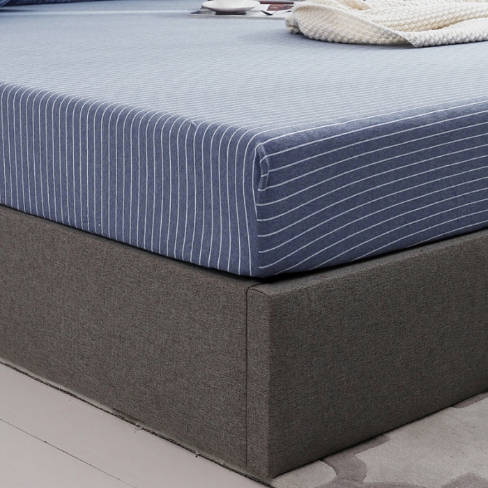 91家纺网 家纺一手货源 找家纺 小米笠 2019新款针织天竺棉床笠床罩 牛仔兰细条