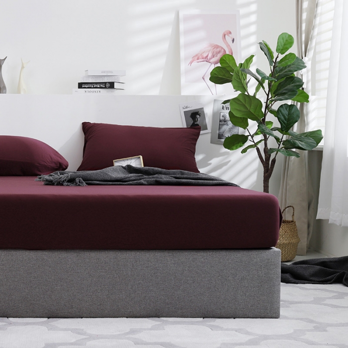 91家纺网 家纺一手货源 找家纺 小米笠 2019新款针织天竺棉床笠床罩 染色酒红