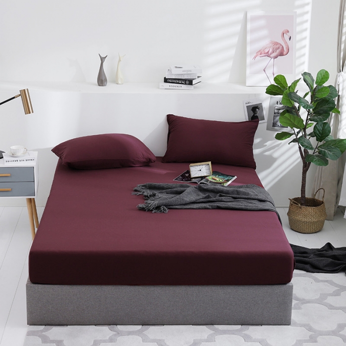 91家纺网 家纺一手货源 找家纺 小米笠 2019新款针织天竺棉床笠床罩 染色酒红