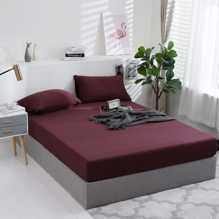 91家纺网 家纺一手货源 找家纺 小米笠 2019新款针织天竺棉床笠床罩 染色酒红