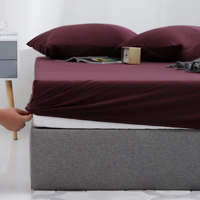 91家纺网 家纺一手货源 找家纺 小米笠 2019新款针织天竺棉床笠床罩 染色酒红