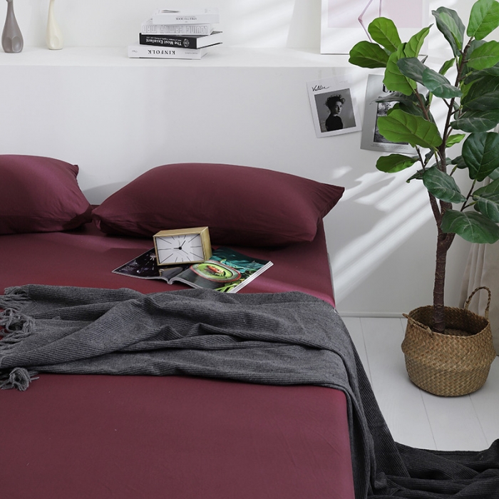 91家纺网 家纺一手货源 找家纺 小米笠 2019新款针织天竺棉床笠床罩 染色酒红