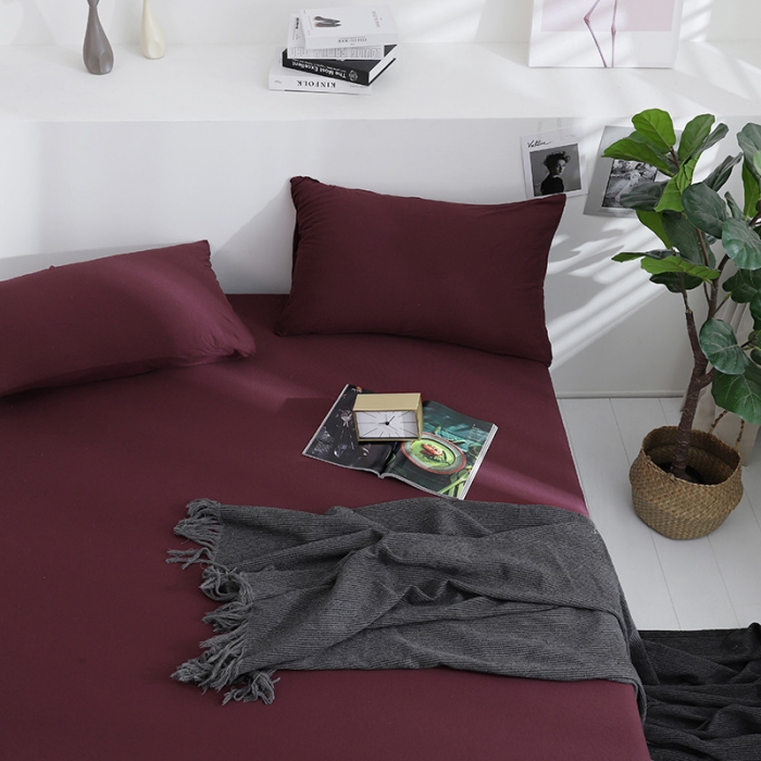 91家纺网 家纺一手货源 找家纺 小米笠 2019新款针织天竺棉床笠床罩 染色酒红