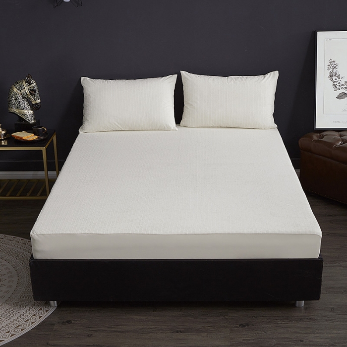 91家纺网 家纺一手货源 找家纺 小米笠 2019新款全棉条纹毛巾布防水床笠床罩 条纹白