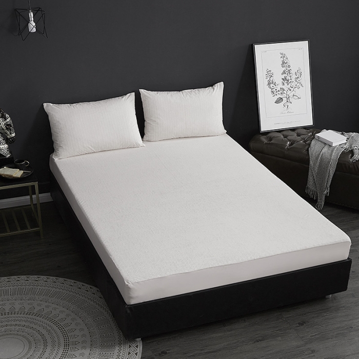 91家纺网 家纺一手货源 找家纺 小米笠 2019新款全棉条纹毛巾布防水床笠床罩 条纹白