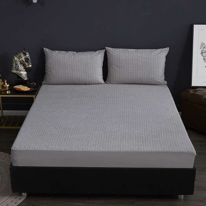 91家纺网 家纺一手货源 找家纺 小米笠 2019新款全棉条纹毛巾布防水床笠床罩 条纹灰