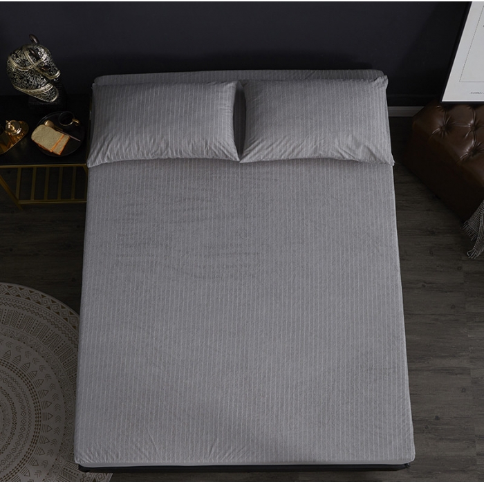 91家纺网 家纺一手货源 找家纺 小米笠 2019新款全棉条纹毛巾布防水床笠床罩 条纹灰