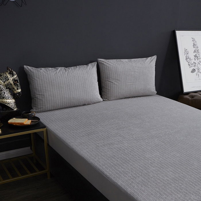 91家纺网 家纺一手货源 找家纺 小米笠 2019新款全棉条纹毛巾布防水床笠床罩 条纹灰