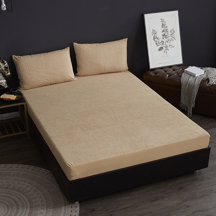 91家纺网 家纺一手货源 找家纺 小米笠 2019新款全棉条纹毛巾布防水床笠床罩 条纹咖