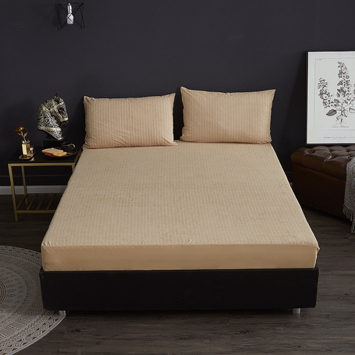 91家纺网 家纺一手货源 找家纺 小米笠 2019新款全棉条纹毛巾布防水床笠床罩 条纹咖