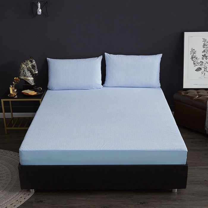 91家纺网 家纺一手货源 找家纺 小米笠 2019新款全棉条纹毛巾布防水床笠床罩 条纹蓝