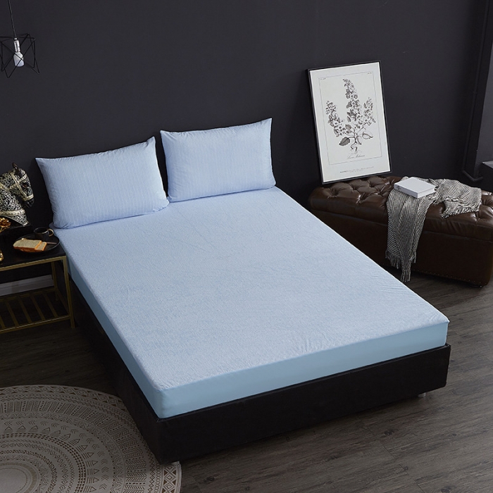 91家纺网 家纺一手货源 找家纺 小米笠 2019新款全棉条纹毛巾布防水床笠床罩 条纹蓝