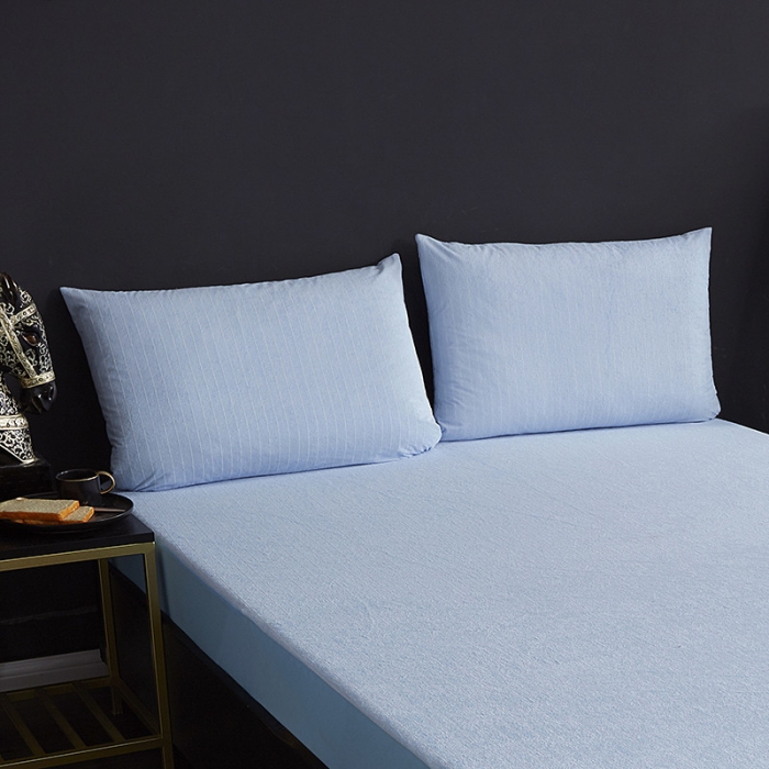 91家纺网 家纺一手货源 找家纺 小米笠 2019新款全棉条纹毛巾布防水床笠床罩 条纹蓝