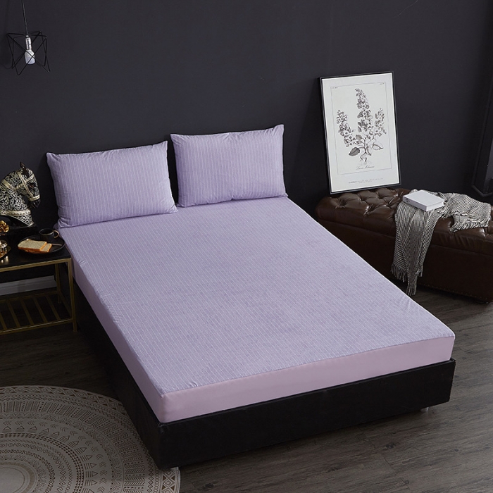 91家纺网 家纺一手货源 找家纺 小米笠 2019新款全棉条纹毛巾布防水床笠床罩 条纹紫