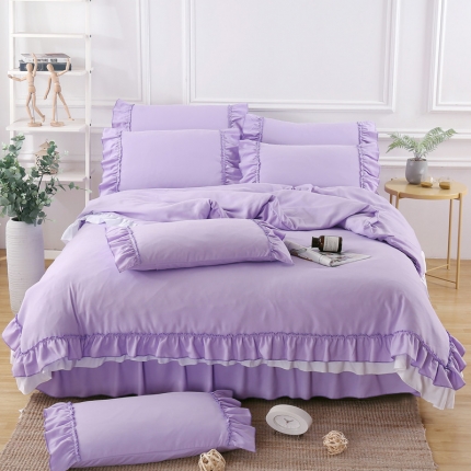 迎客松家纺植物羊绒纯色加厚磨毛公主式韩版工艺款四件套紫色