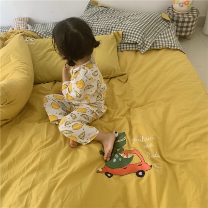 孩子王家纺 2023新款ab版全棉水洗棉三四件套 小恐龙桔黄