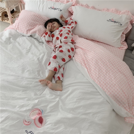 孩子王家纺 2023新款ab版全棉水洗棉三四件套 蜜桃粉白