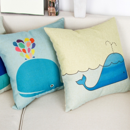 棉麻印花抱枕可爱卡通鲸鱼靠垫含芯定制靠包