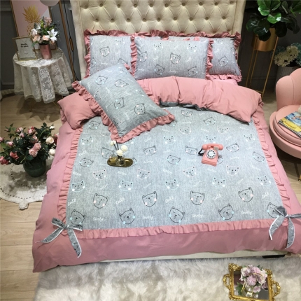 91家纺网 家纺一手货源 找家纺 眠屿 2019新款暖绒四件套 猫咪宝贝-灰