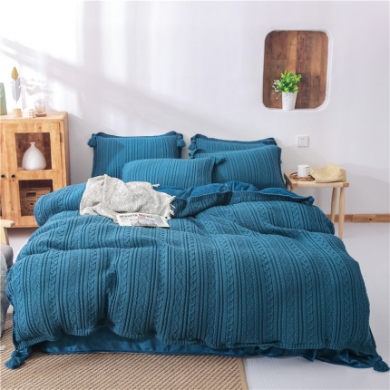 91家纺网 家纺一手货源 找家纺 眠屿 2019新款针织绒四件套 宝蓝