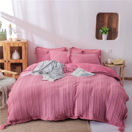 91家纺网 家纺一手货源 找家纺 眠屿 2019新款针织绒四件套 豆沙